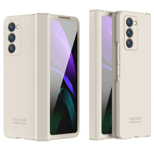 For Samsung Galaxy Z Fold2 5G Hard PC Case Anti-scratch Phone Cover with Tempered Glass Film- Beige