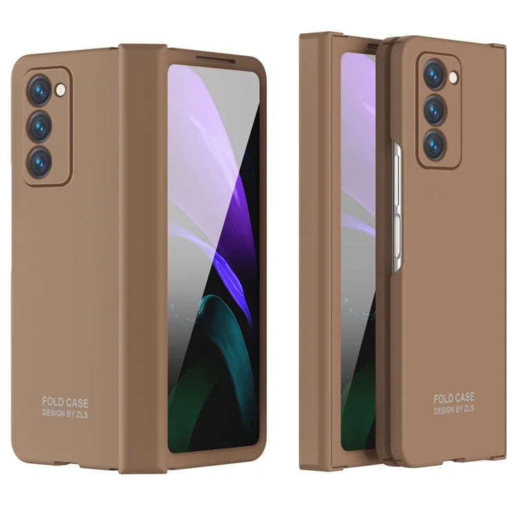 For Samsung Galaxy Z Fold2 5G Hard PC Case Anti-scratch Phone Cover with Tempered Glass FilmBrown
