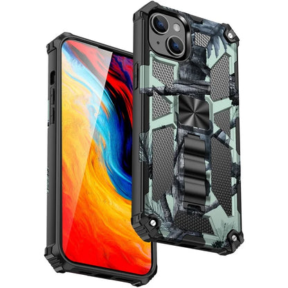 For iPhone 15 Plus PC+TPU Case Anti-Scratch Camouflage Kickstand Cellphone Back Cover