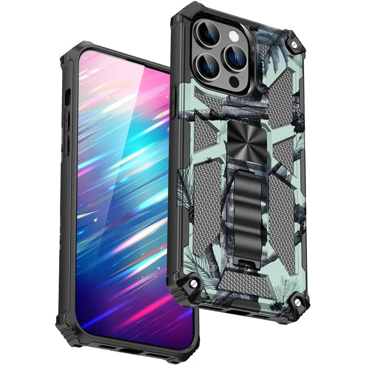 For iPhone 15 Pro Max PC+TPU Case Scratch-resistant Camouflage Kickstand Smart Phone Cover