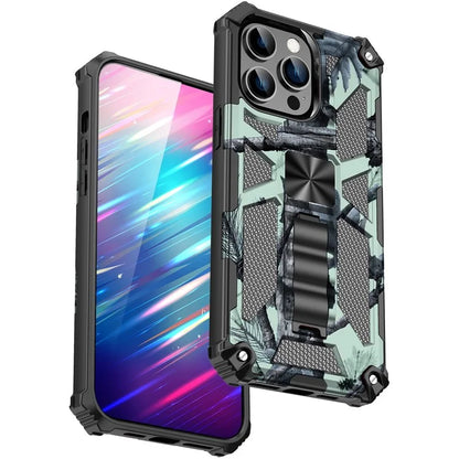 For iPhone 15 Pro Max PC+TPU Case Scratch-resistant Camouflage Kickstand Smart Phone Cover
