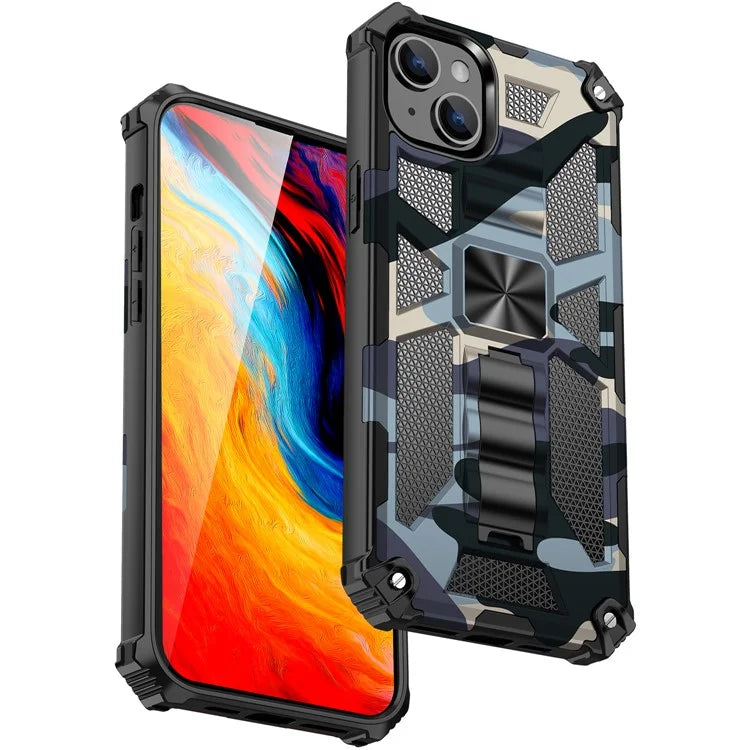 For iPhone 15 Case Shockproof Camouflage Kickstand Phone Back Shell Cover