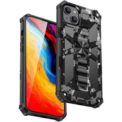 For iPhone 15 Case Shockproof Camouflage Kickstand Phone Back Shell Cover