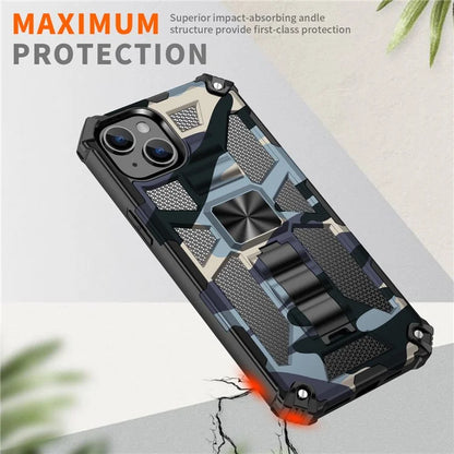 For iPhone 15 Case Shockproof Camouflage Kickstand Phone Back Shell Cover