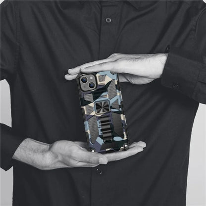 For iPhone 15 Case Shockproof Camouflage Kickstand Phone Back Shell Cover