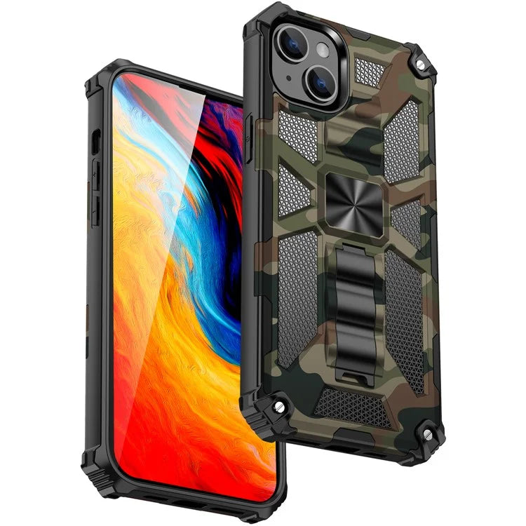 For iPhone 15 Case Shockproof Camouflage Kickstand Phone Back Shell Cover