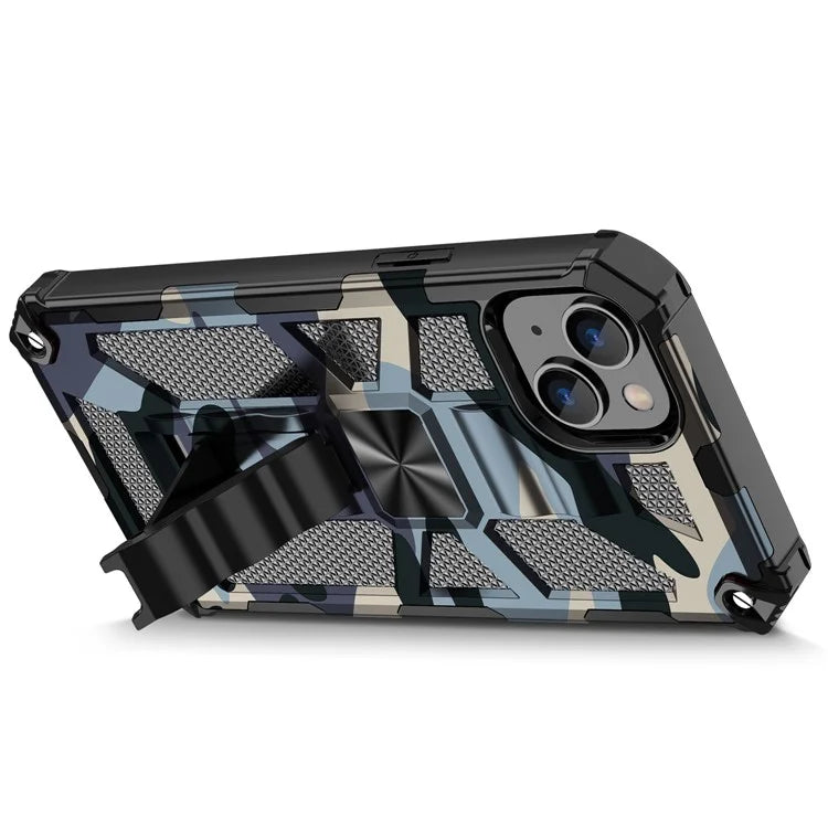 For iPhone 15 Case Shockproof Camouflage Kickstand Phone Back Shell Cover