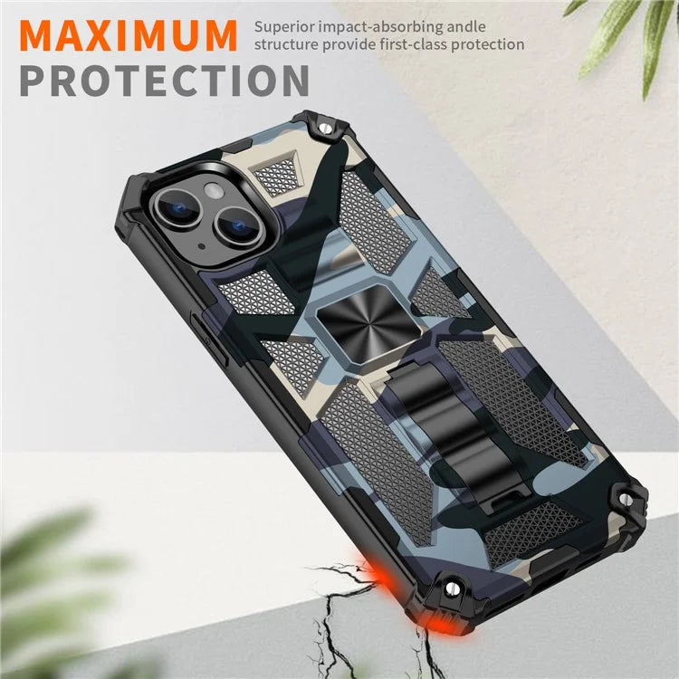 For iPhone 15 Case Shockproof Camouflage Kickstand Phone Back Shell Cover