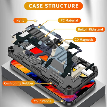 For iPhone 15 Case Shockproof Camouflage Kickstand Phone Back Shell Cover