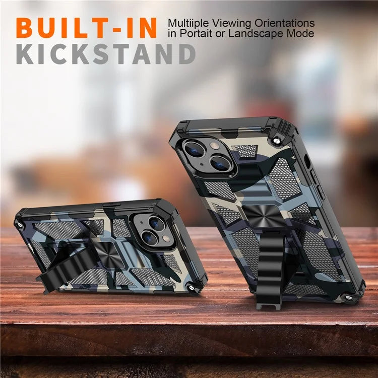 For iPhone 15 Case Shockproof Camouflage Kickstand Phone Back Shell Cover