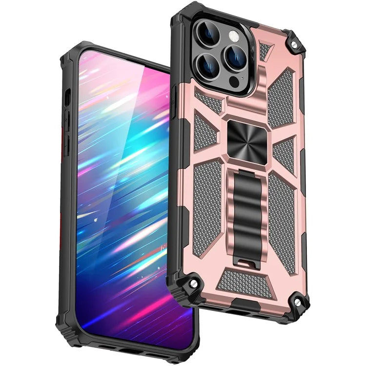For iPhone 15 Pro Max Phone Cover Kickstand Soft TPU+Hard PC Back Case Built-in Metal Sheet