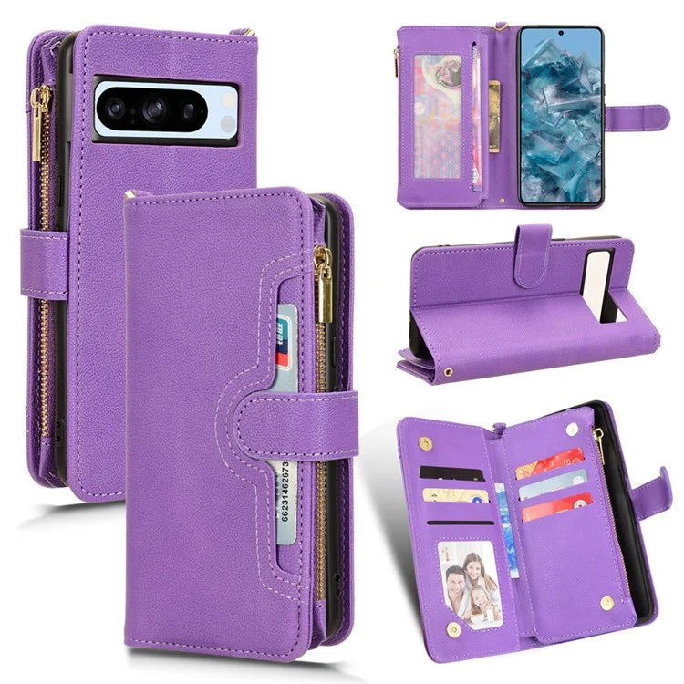 For Google Pixel 8 Pro Case Zipper Pocket Leather Stand Phone Cover