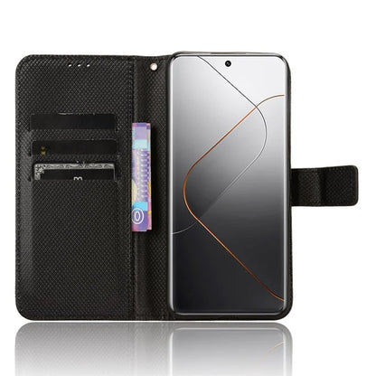 For Xiaomi 14 Pro Case Diamond Texture PU Leather Smartphone Shell Cover Wallet