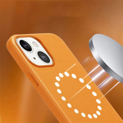 For iPhone 15 Magnetic Case Genuine Cow Leather + PC Cover Compatible with MagSafe