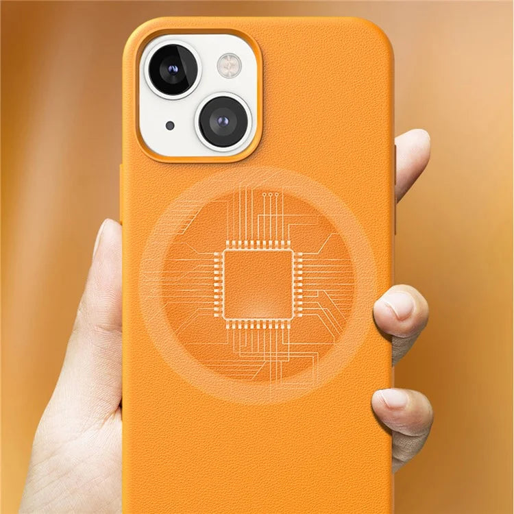 For iPhone 14 Case Compatible with MagSafe Genuine Cow Leather Coated PC Cover