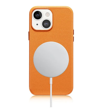 For iPhone 14 Case Compatible with MagSafe Genuine Cow Leather Coated PC Cover