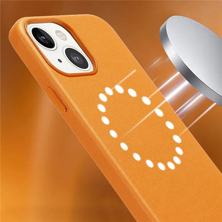 For iPhone 14 Case Compatible with MagSafe Genuine Cow Leather Coated PC Cover