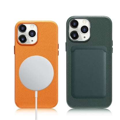 For iPhone 14 Pro Max Case Genuine Cow Leather Coated PC Cover Compatible with MagSafe