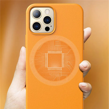 For iPhone 15 Pro Phone Case Compatible with MagSafe Genuine Cow Leather + PC Cover