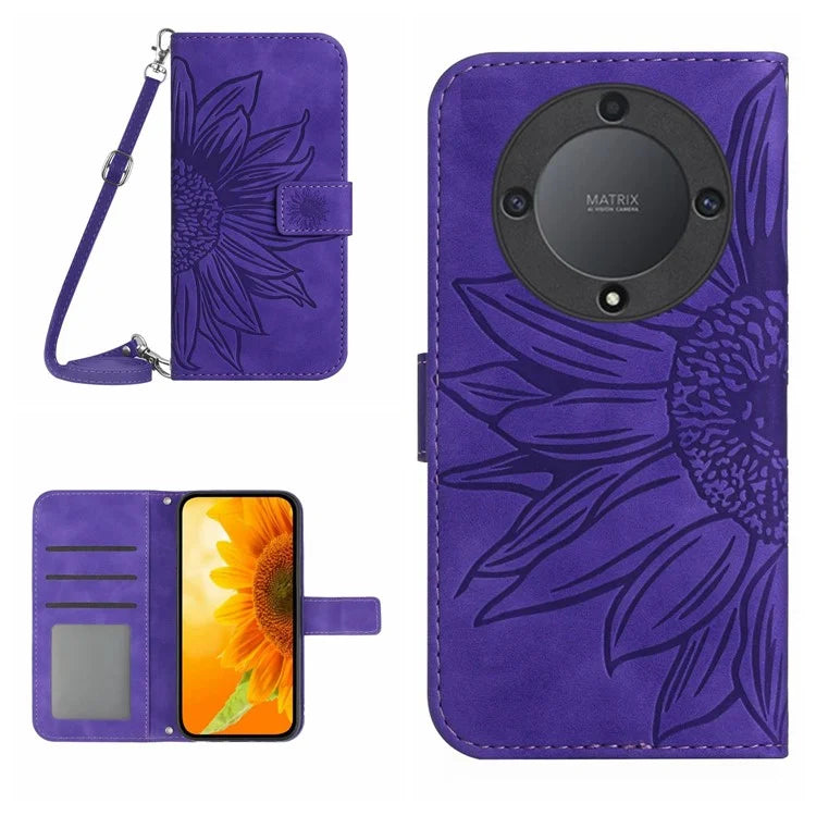 HT04 For Honor X9b 5G / Magic6 Lite 5G Case Imprinted Leather Anti-scratch Phone Cover with Shoulder Strap