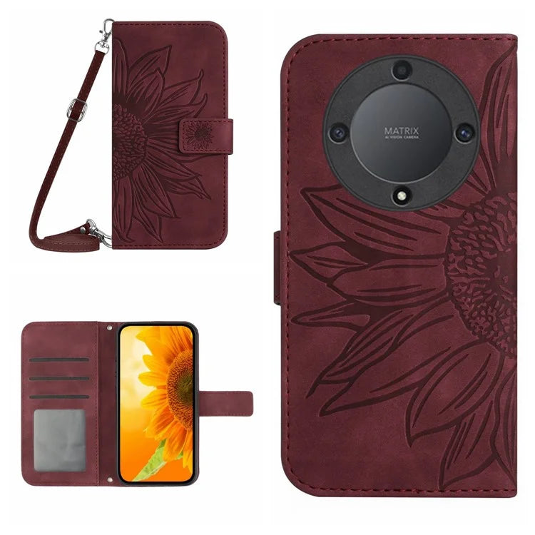 HT04 For Honor X9b 5G / Magic6 Lite 5G Case Imprinted Leather Anti-scratch Phone Cover with Shoulder Strap