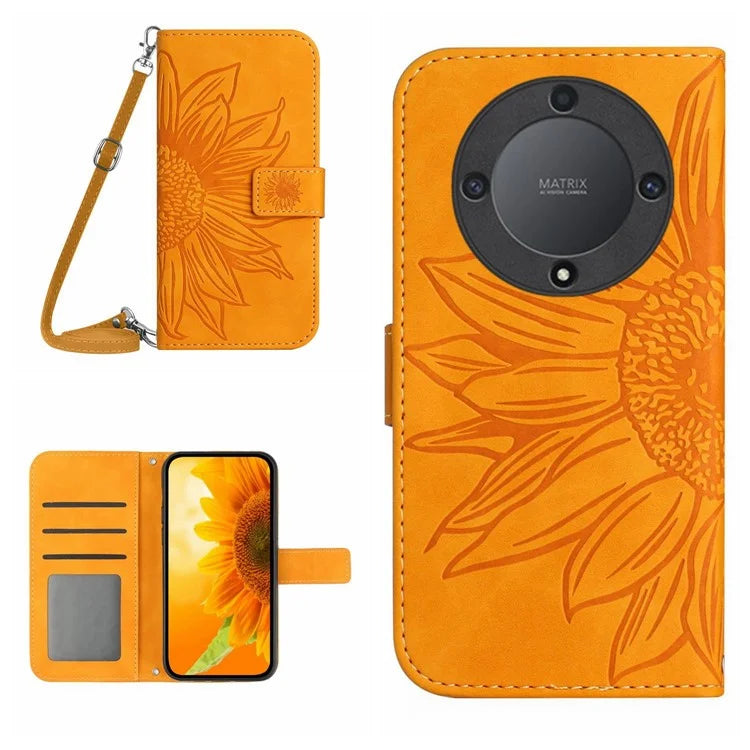 HT04 For Honor X9b 5G / Magic6 Lite 5G Case Imprinted Leather Anti-scratch Phone Cover with Shoulder Strap