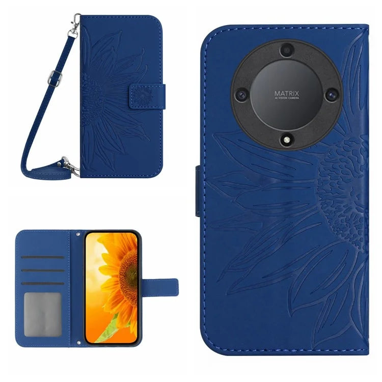 HT04 For Honor X9b 5G / Magic6 Lite 5G Case Imprinted Leather Anti-scratch Phone Cover with Shoulder Strap