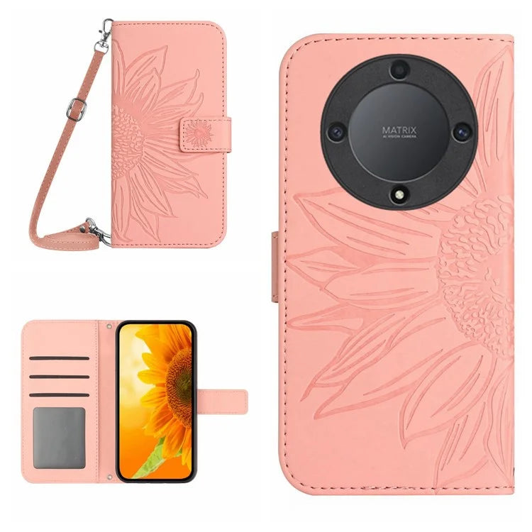 HT04 For Honor X9b 5G / Magic6 Lite 5G Case Imprinted Leather Anti-scratch Phone Cover with Shoulder Strap