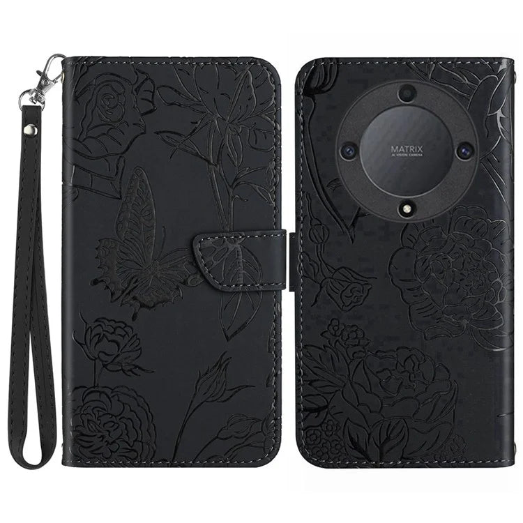 HT03 For Honor X9b 5G / Magic6 Lite 5G Case Butterfly Flower Wallet Phone Cover with Hand Strap