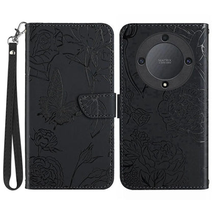 HT03 For Honor X9b 5G / Magic6 Lite 5G Case Butterfly Flower Wallet Phone Cover with Hand Strap