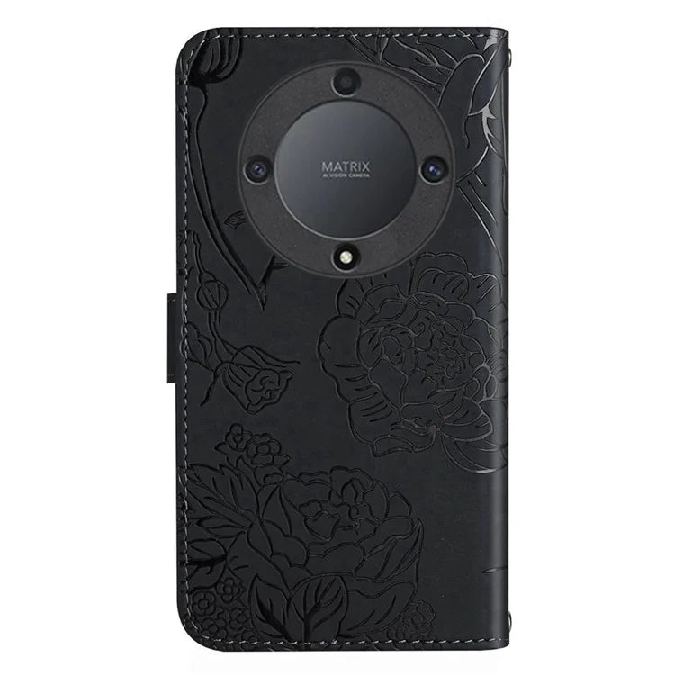 HT03 For Honor X9b 5G / Magic6 Lite 5G Case Butterfly Flower Wallet Phone Cover with Hand Strap