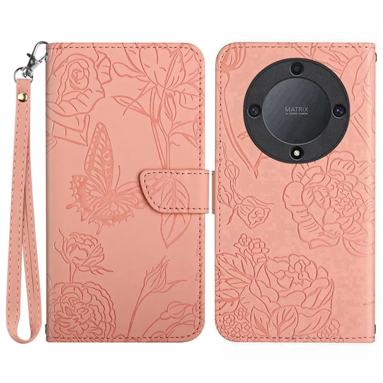 HT03 For Honor X9b 5G / Magic6 Lite 5G Case Butterfly Flower Wallet Phone Cover with Hand Strap