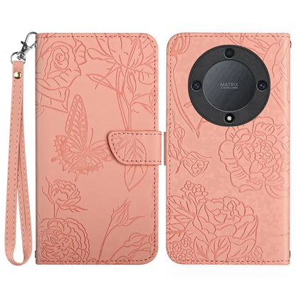 HT03 For Honor X9b 5G / Magic6 Lite 5G Case Butterfly Flower Wallet Phone Cover with Hand Strap