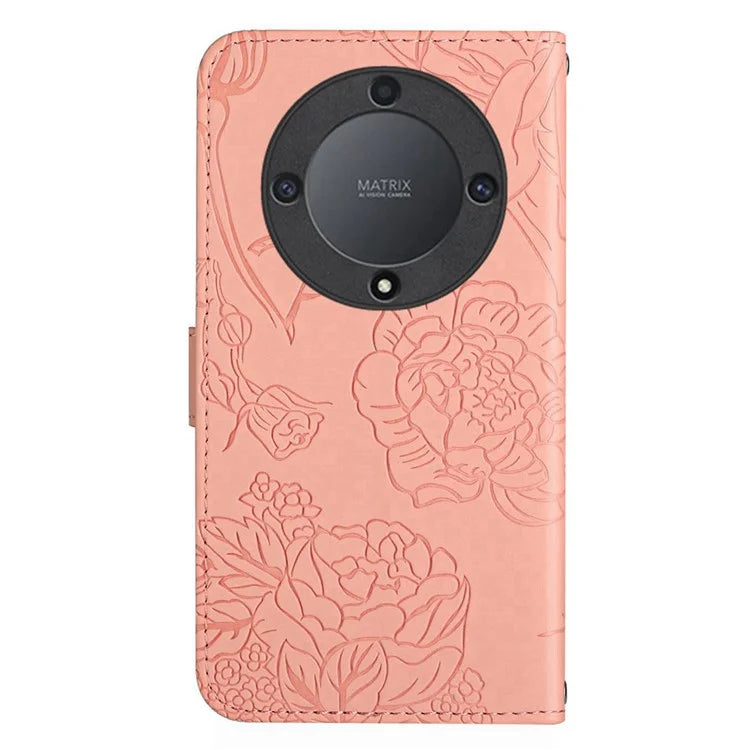 HT03 For Honor X9b 5G / Magic6 Lite 5G Case Butterfly Flower Wallet Phone Cover with Hand Strap