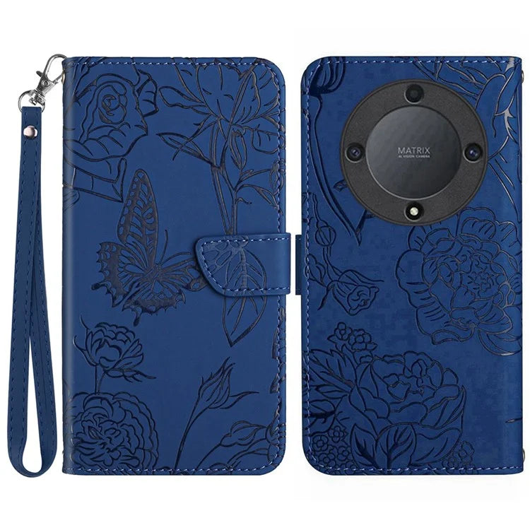 HT03 For Honor X9b 5G / Magic6 Lite 5G Case Butterfly Flower Wallet Phone Cover with Hand Strap