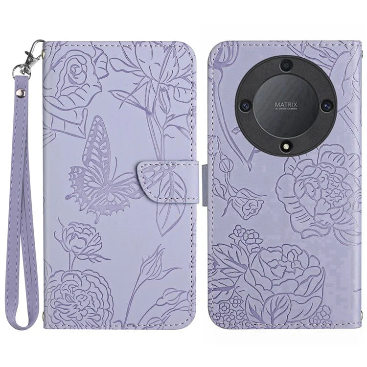 HT03 For Honor X9b 5G / Magic6 Lite 5G Case Butterfly Flower Wallet Phone Cover with Hand Strap