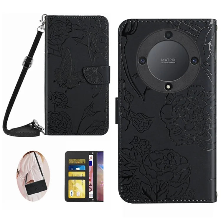 HT03 For Honor X9b 5G / Magic6 Lite 5G Case Folio Leather Wallet Phone Cover with Shoulder Strap