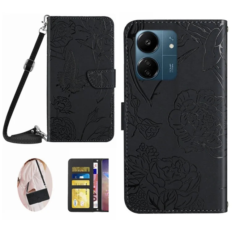 HT03 For Xiaomi Redmi 13C 4G / Poco C65 4G Case Butterfly Imprinted Leather Phone Cover with Shoulder Strap