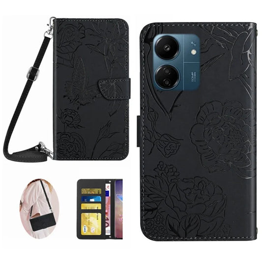 HT03 For Xiaomi Redmi 13C 4G / Poco C65 4G Case Butterfly Imprinted Leather Phone Cover with Shoulder Strap