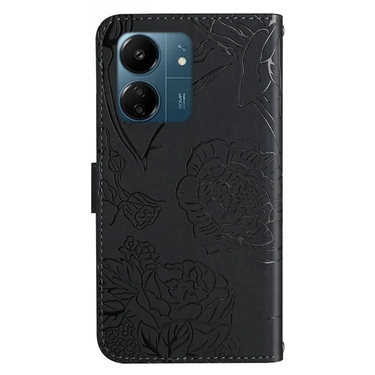 HT03 For Xiaomi Redmi 13C 4G / Poco C65 4G Case Butterfly Imprinted Leather Phone Cover with Shoulder Strap