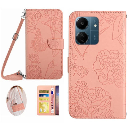 HT03 For Xiaomi Redmi 13C 4G / Poco C65 4G Case Butterfly Imprinted Leather Phone Cover with Shoulder Strap