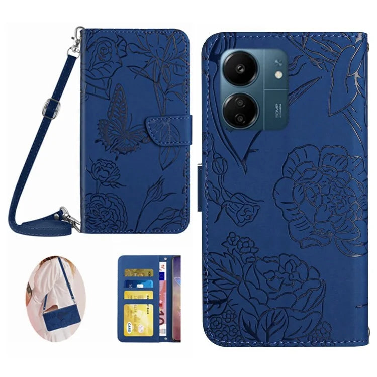 HT03 For Xiaomi Redmi 13C 4G / Poco C65 4G Case Butterfly Imprinted Leather Phone Cover with Shoulder Strap