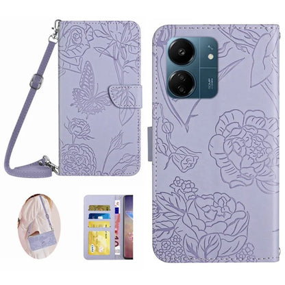 HT03 For Xiaomi Redmi 13C 4G / Poco C65 4G Case Butterfly Imprinted Leather Phone Cover with Shoulder Strap