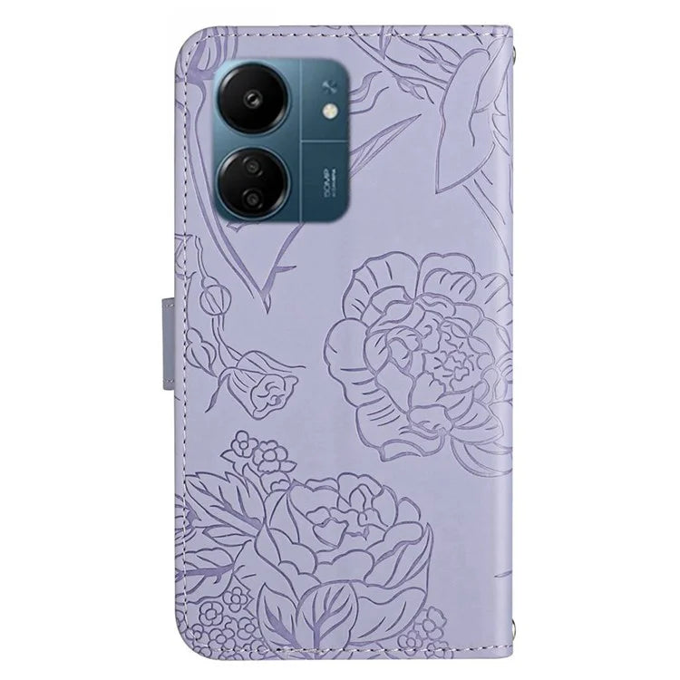 HT03 For Xiaomi Redmi 13C 4G / Poco C65 4G Case Butterfly Imprinted Leather Phone Cover with Shoulder Strap