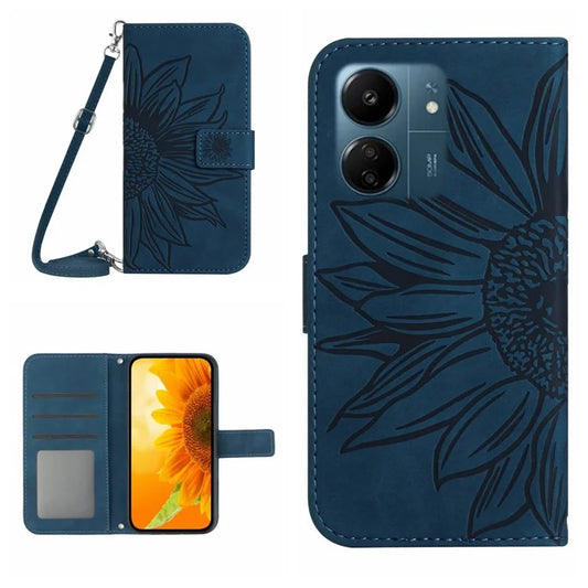 HT04 For Xiaomi Redmi 13C 4G / Poco C65 4G Case Sunflower Imprinted Leather Flip Phone Cover with Shoulder Strap