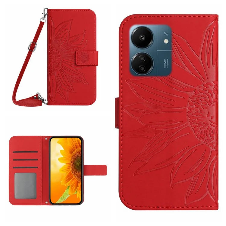 HT04 For Xiaomi Redmi 13C 4G / Poco C65 4G Case Sunflower Imprinted Leather Flip Phone Cover with Shoulder Strap