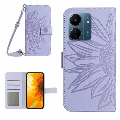 HT04 For Xiaomi Redmi 13C 4G / Poco C65 4G Case Sunflower Imprinted Leather Flip Phone Cover with Shoulder Strap