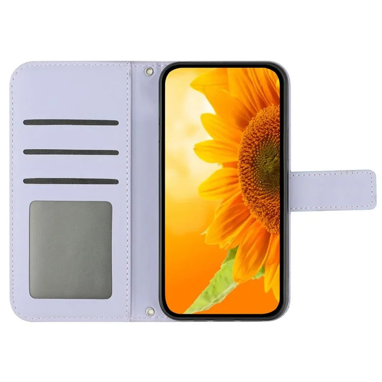 HT04 For Xiaomi Redmi 13C 4G / Poco C65 4G Case Sunflower Imprinted Leather Flip Phone Cover with Shoulder Strap