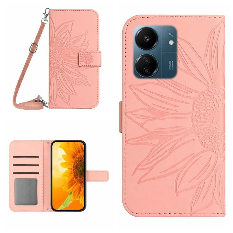 HT04 For Xiaomi Redmi 13C 4G / Poco C65 4G Case Sunflower Imprinted Leather Flip Phone Cover with Shoulder Strap
