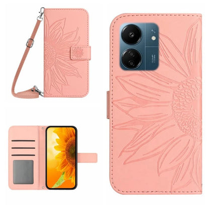 HT04 For Xiaomi Redmi 13C 4G / Poco C65 4G Case Sunflower Imprinted Leather Flip Phone Cover with Shoulder Strap